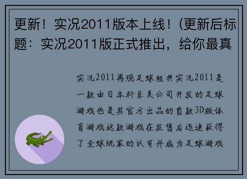 更新！实况2011版本上线！(更新后标题：实况2011版正式推出，给你最真实的游戏体验)